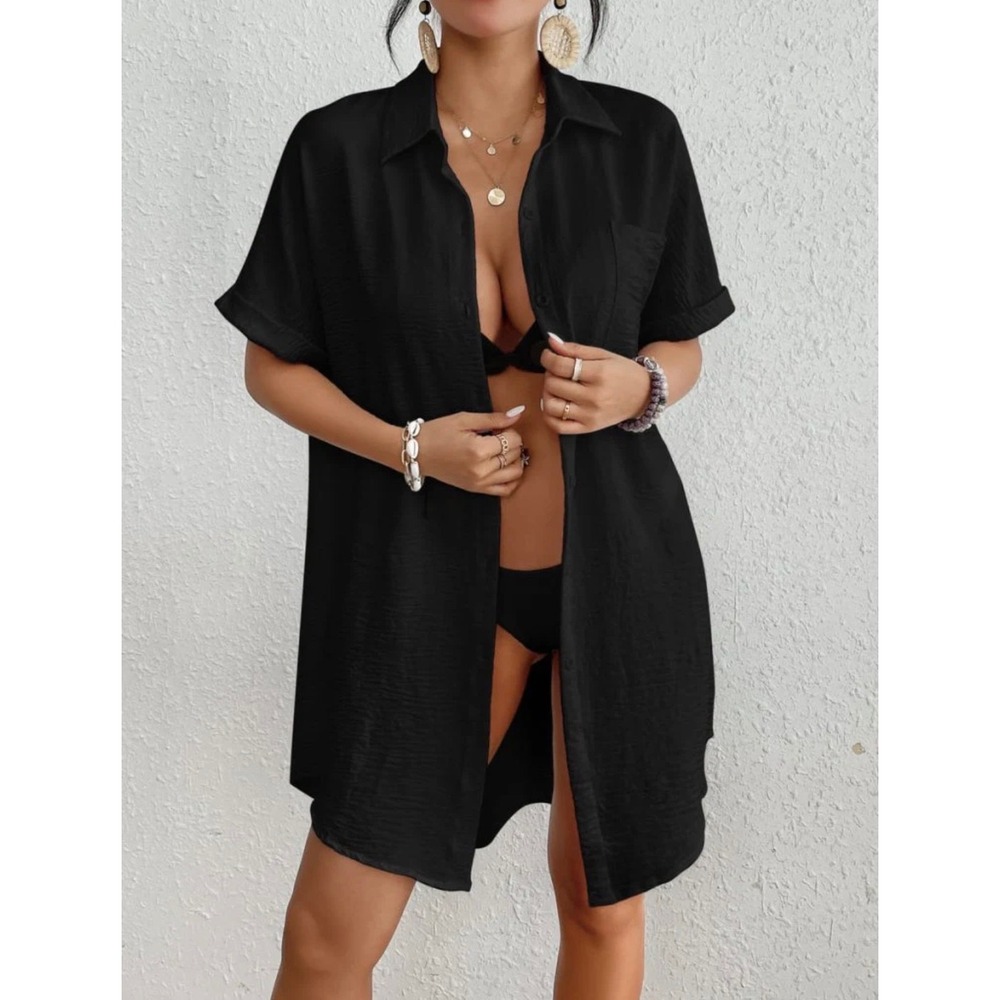 Bsubseach Black Button Down Short Sleeve Swim Beach Cover Up Shirt Medium